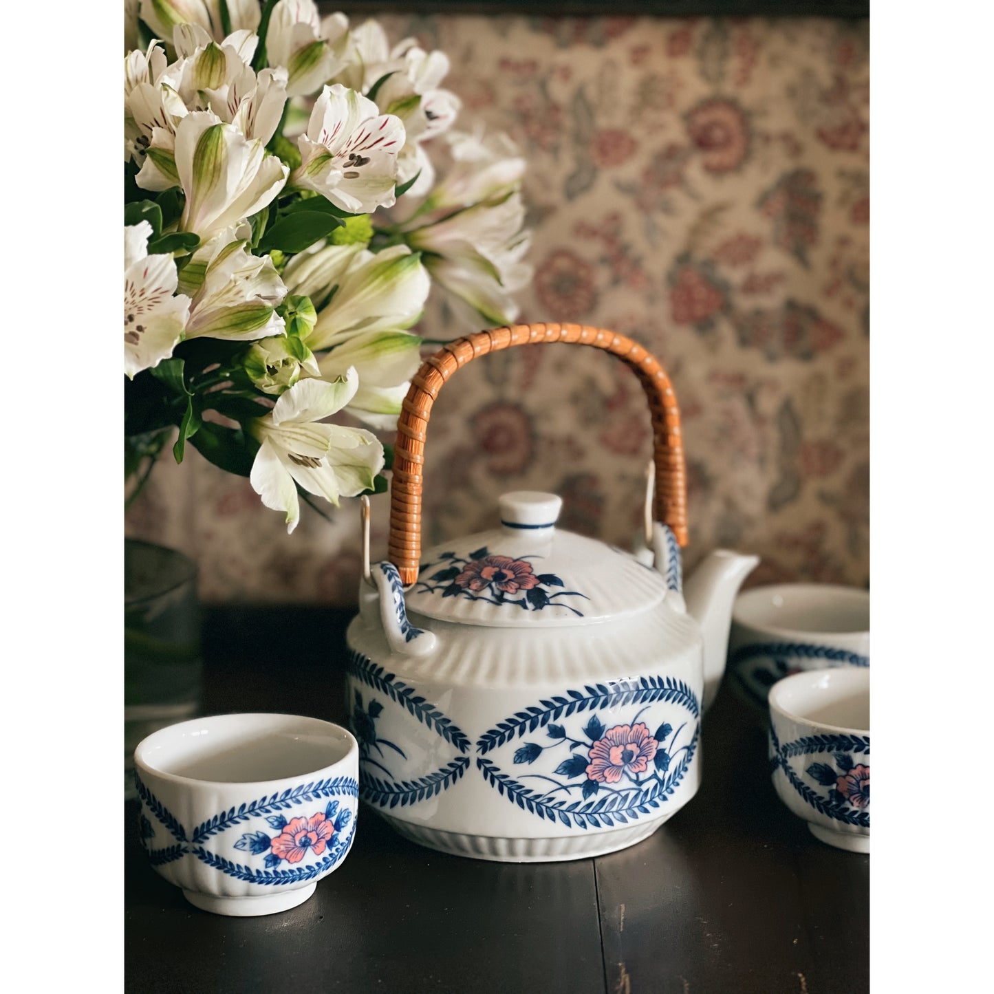 Vintage Porcelain Teapot with Rattan Handle and Set of 3 Matching Cups
