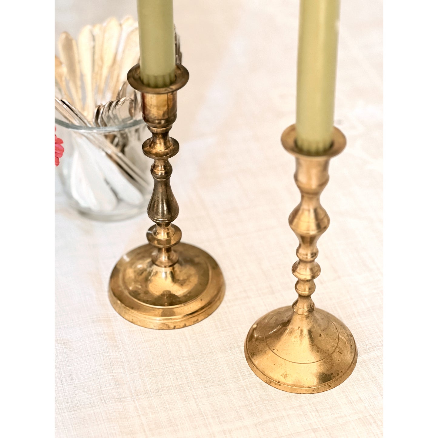 Pair of Vintage Mix Match Brass Taper Candleholders