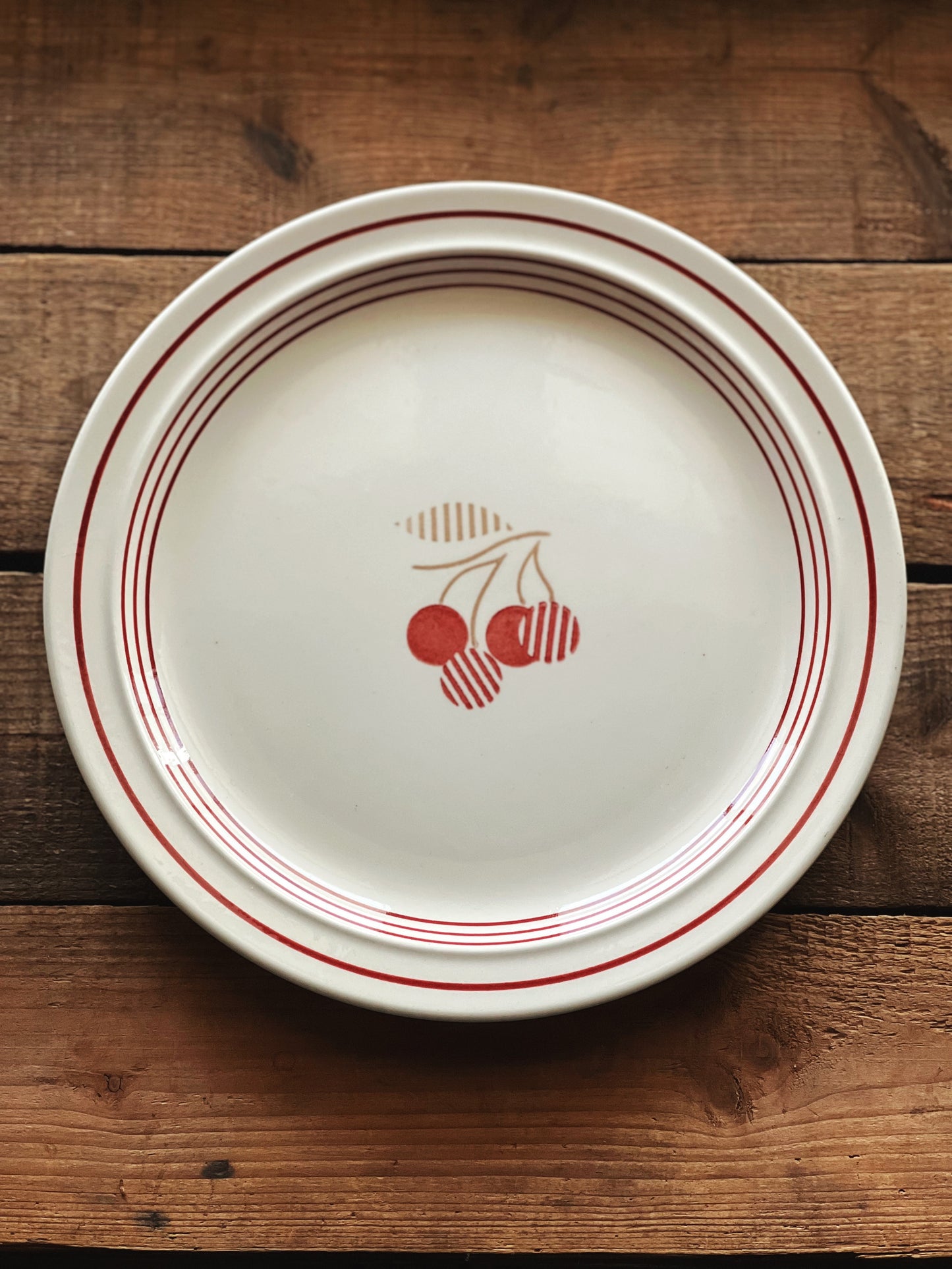 cherry pattern dinner plate with a red striped rim