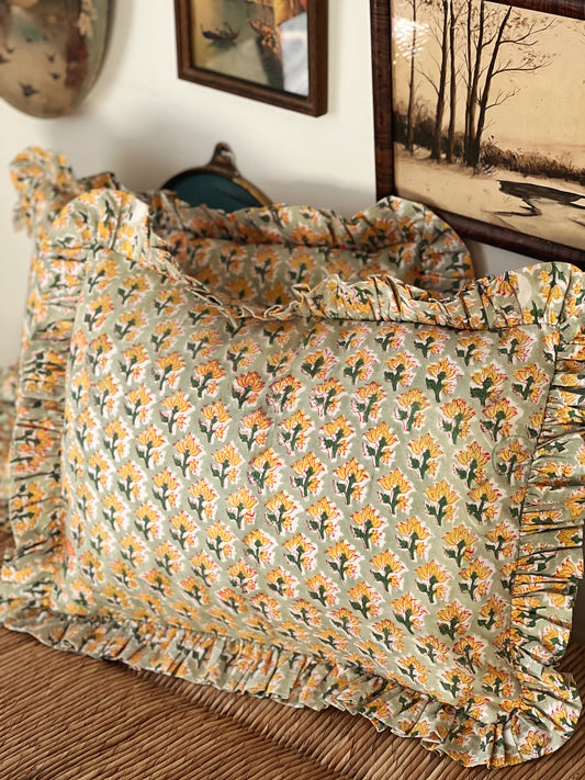 Ruffled Block Print Pillow in Green & Yellow Hand Made in Spain