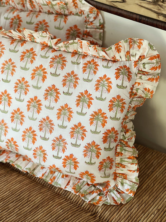 Ruffled Block Print Pillow in Tangerine & White Hand Made in Spain