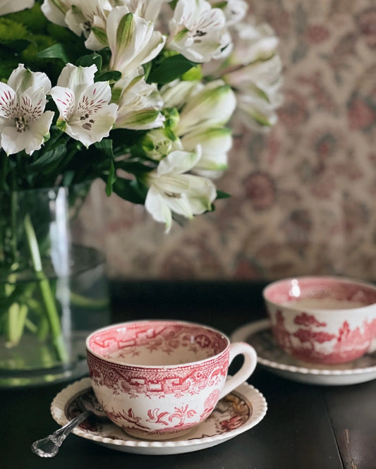 Pair of Vintage Mix Match Transferware Teacup & Saucer Sets