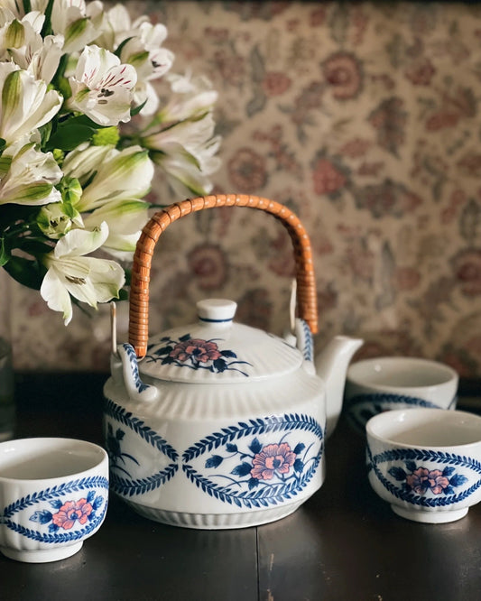 Vintage Porcelain Teapot with Rattan Handle and Set of 3 Matching Cups