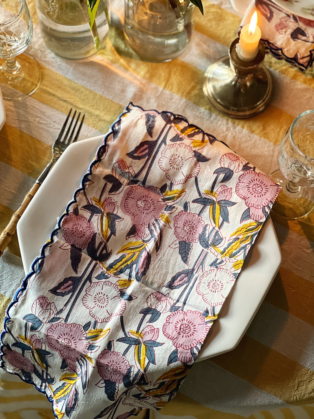 Set of 4 Blue & Pink Block Print Napkins Hand Made in Spain
