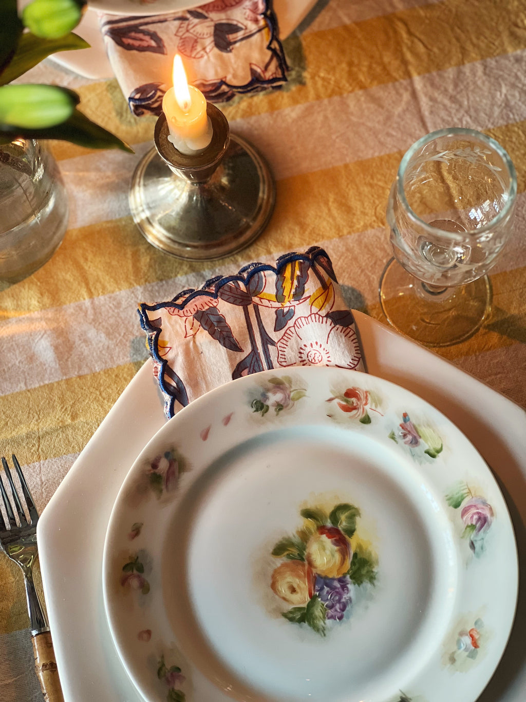 Set of 4 Blue & Pink Block Print Napkins Hand Made in Spain