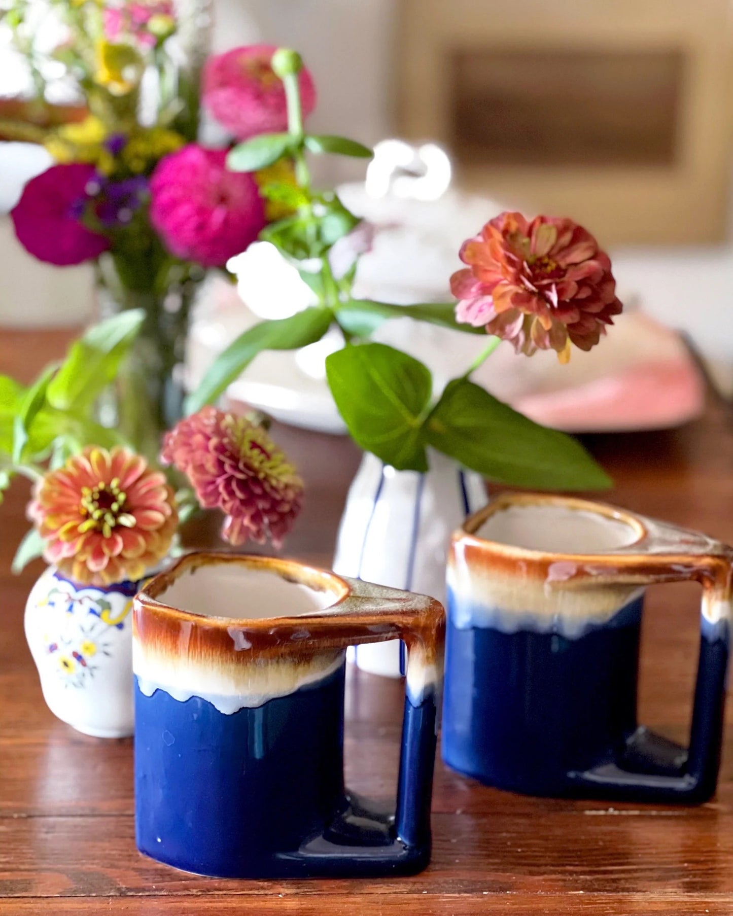 Pair of Vintage Blue Drip Stoneware Mugs