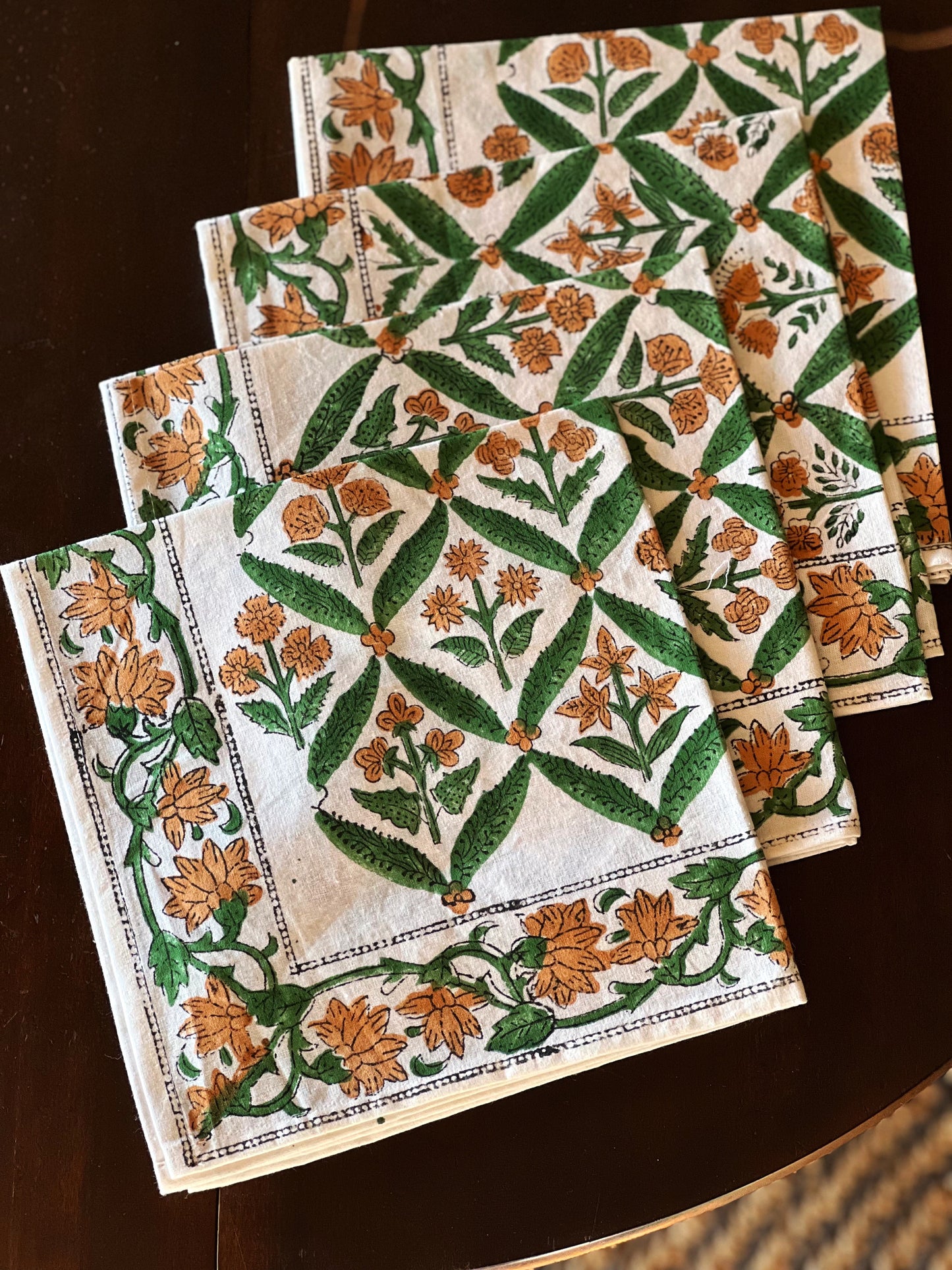 Set of 4 Block Print Napkins in Green & Marigold Hand Made in Spain