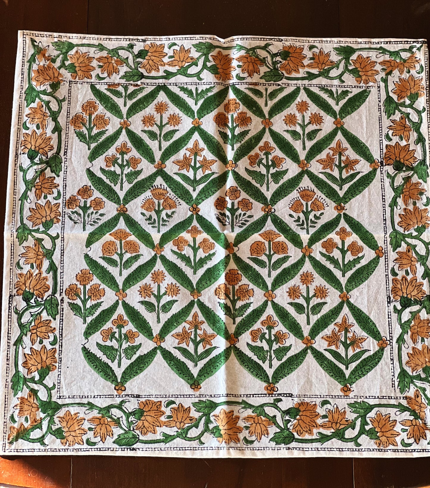 Set of 4 Block Print Napkins in Green & Marigold Hand Made in Spain