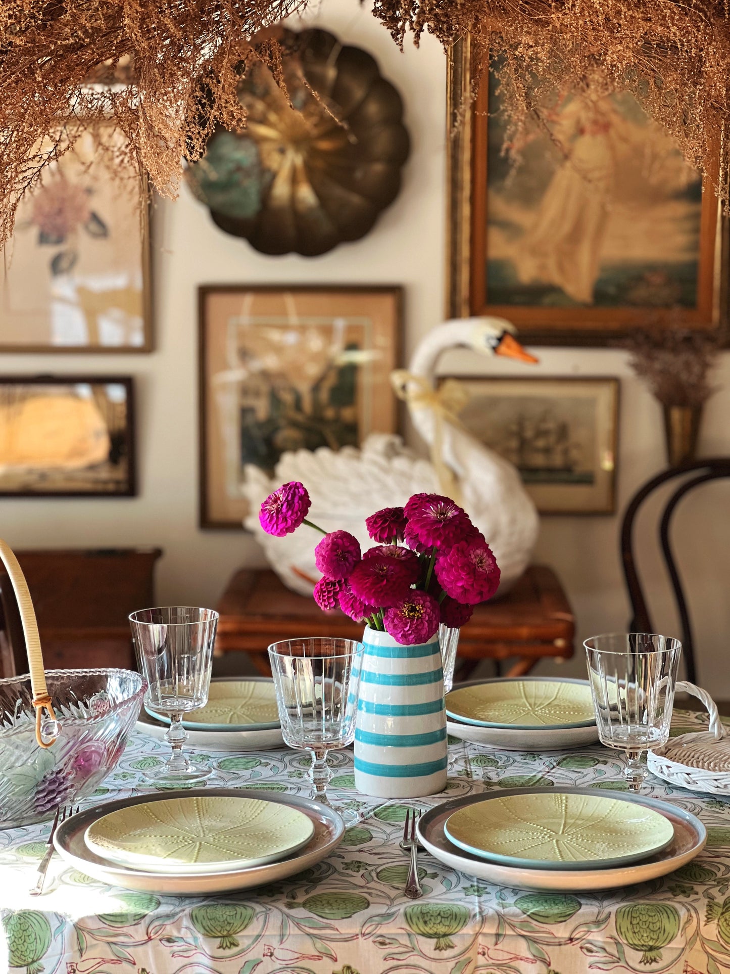 Block Print Tablecloth in Green & Blue Hand Made in Spain