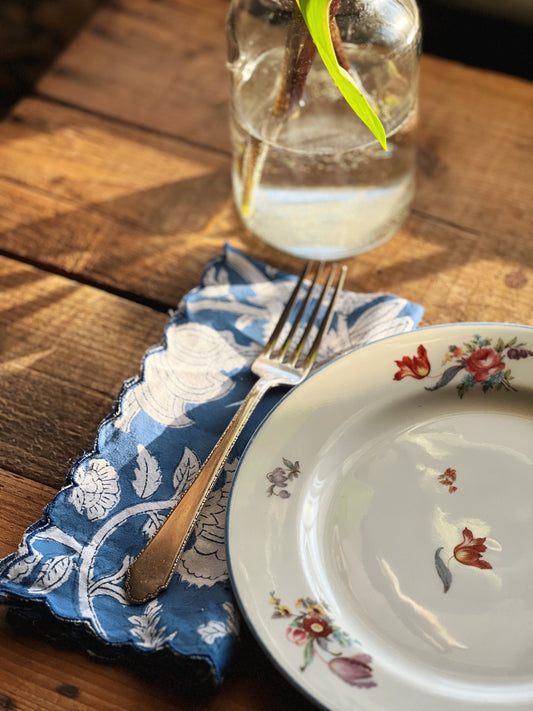 Set of 4 Blue & White Block Print Napkins Hand Made in Spain