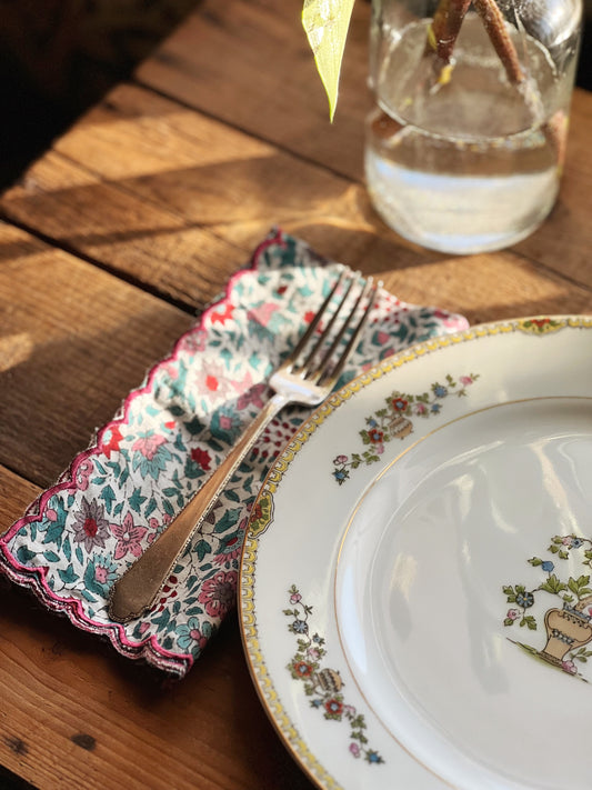 Set of 4 Pink & Turquoise Block Print Napkins Hand Made in Spain