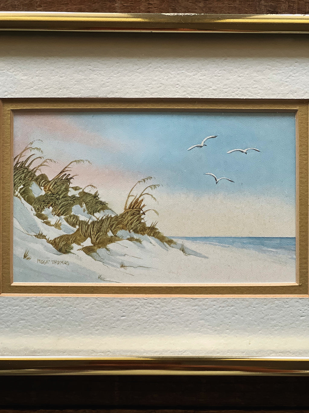 close up of a Signed Midge Thomas Sand Dune Watercolor 