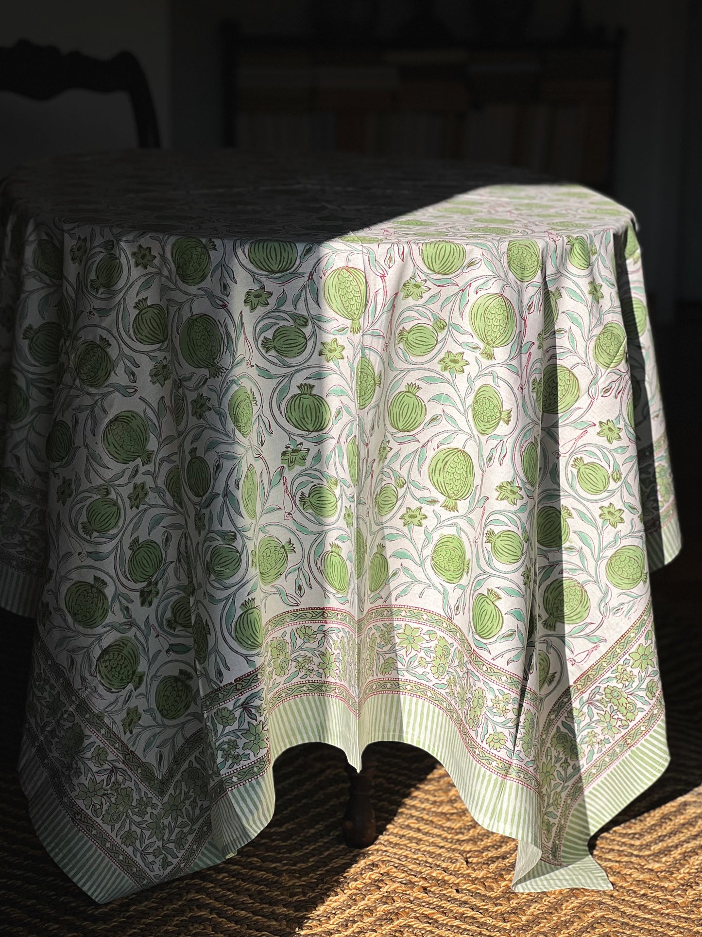 Block Print Tablecloth in Green & Blue Hand Made in Spain