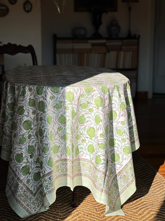 Block Print Tablecloth in Green & Blue Hand Made in Spain