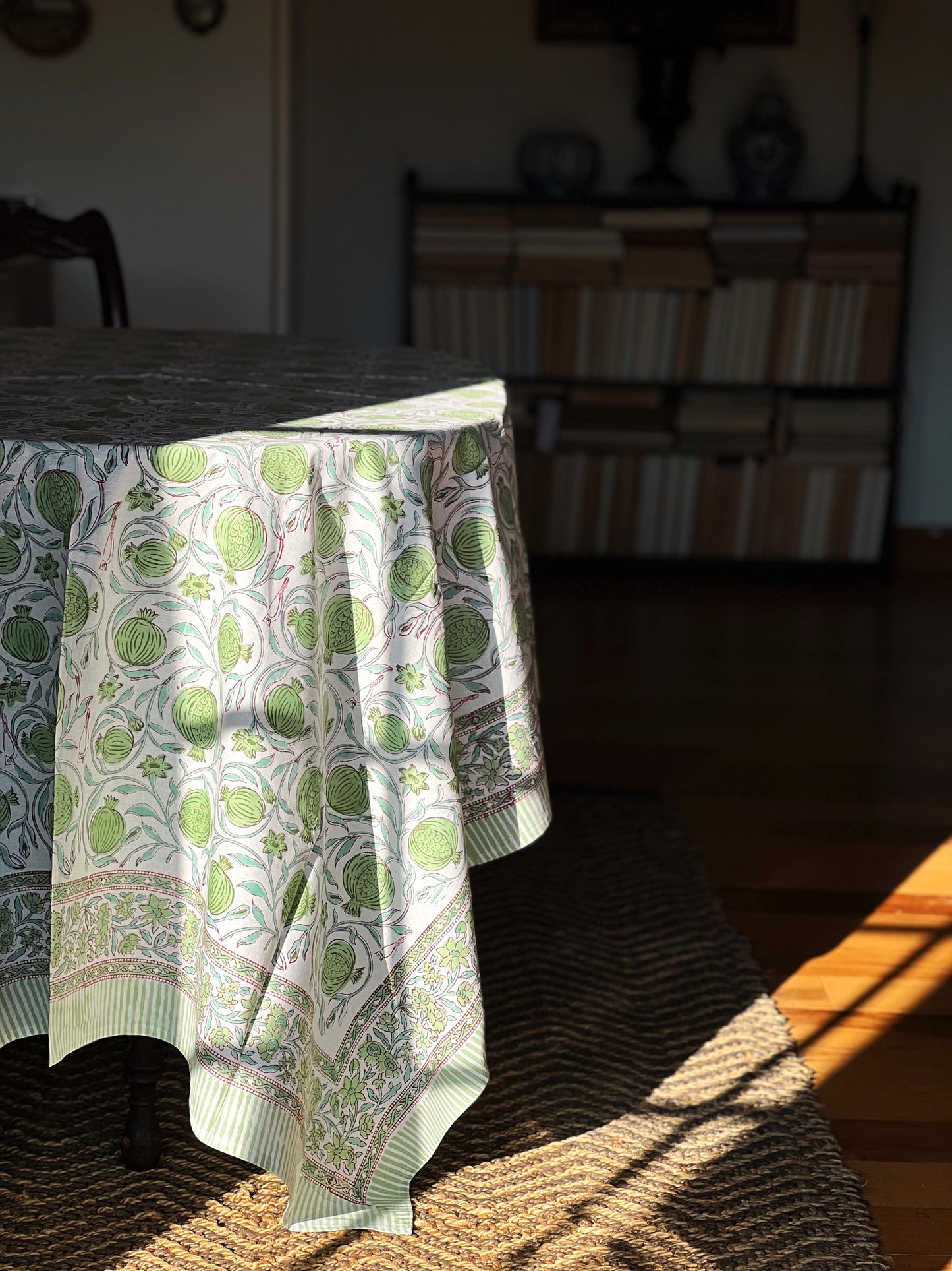 Block Print Tablecloth in Green & Blue Hand Made in Spain