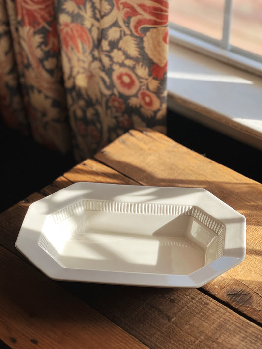 white rectangular vegetable bowl with an octagonal rim