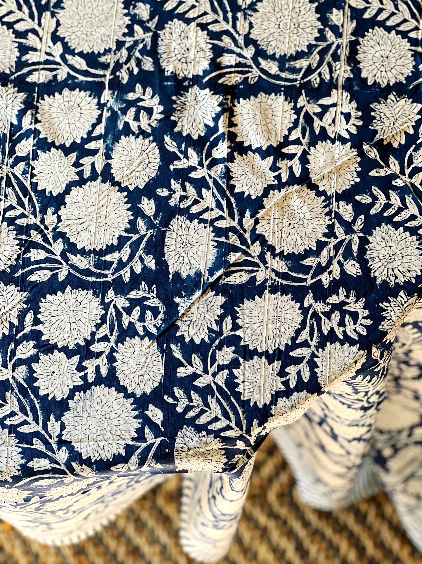 Block Print Tablecloth in Navy & White Hand Made in Spain