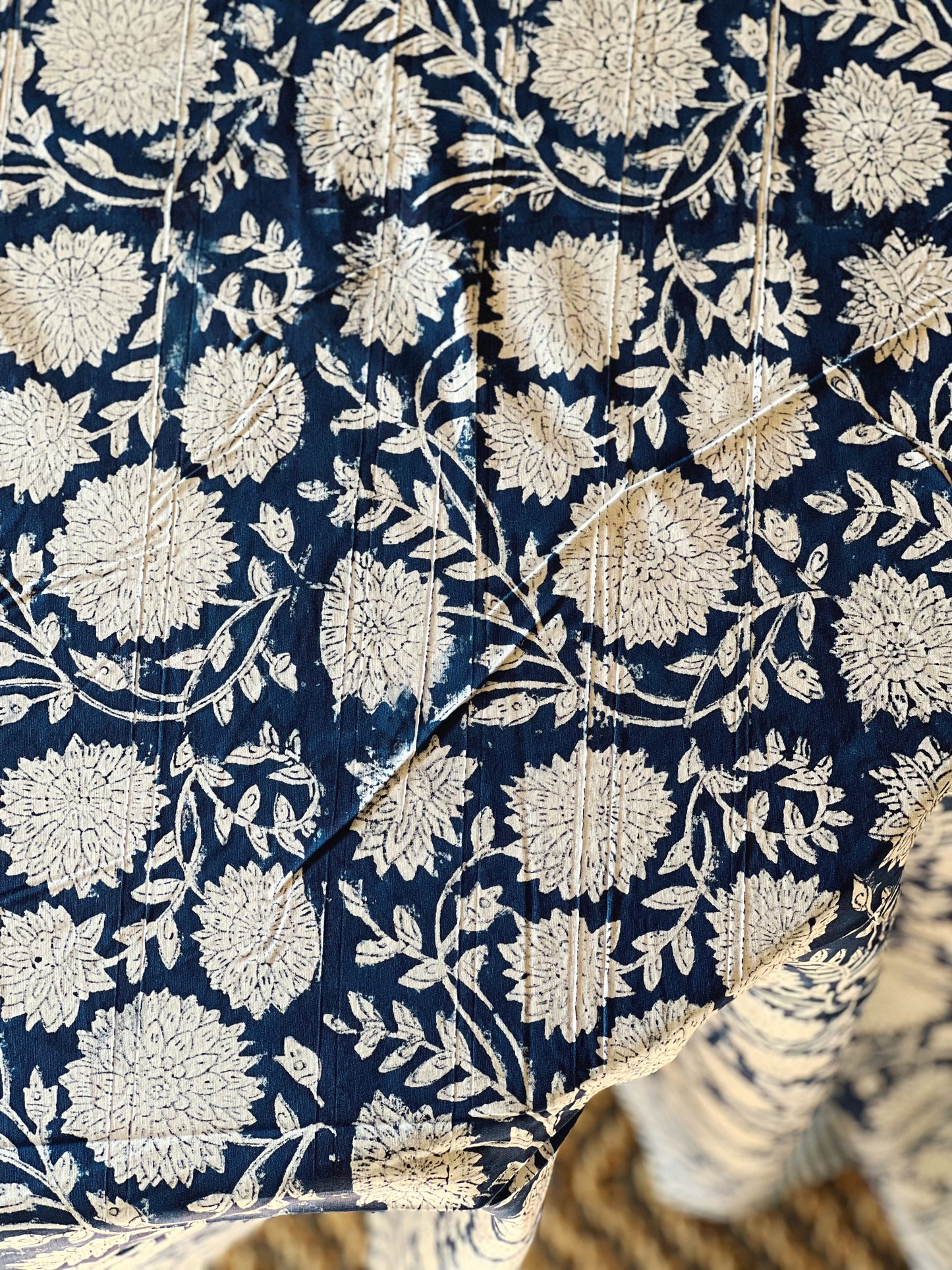 Block Print Tablecloth in Navy & White Hand Made in Spain