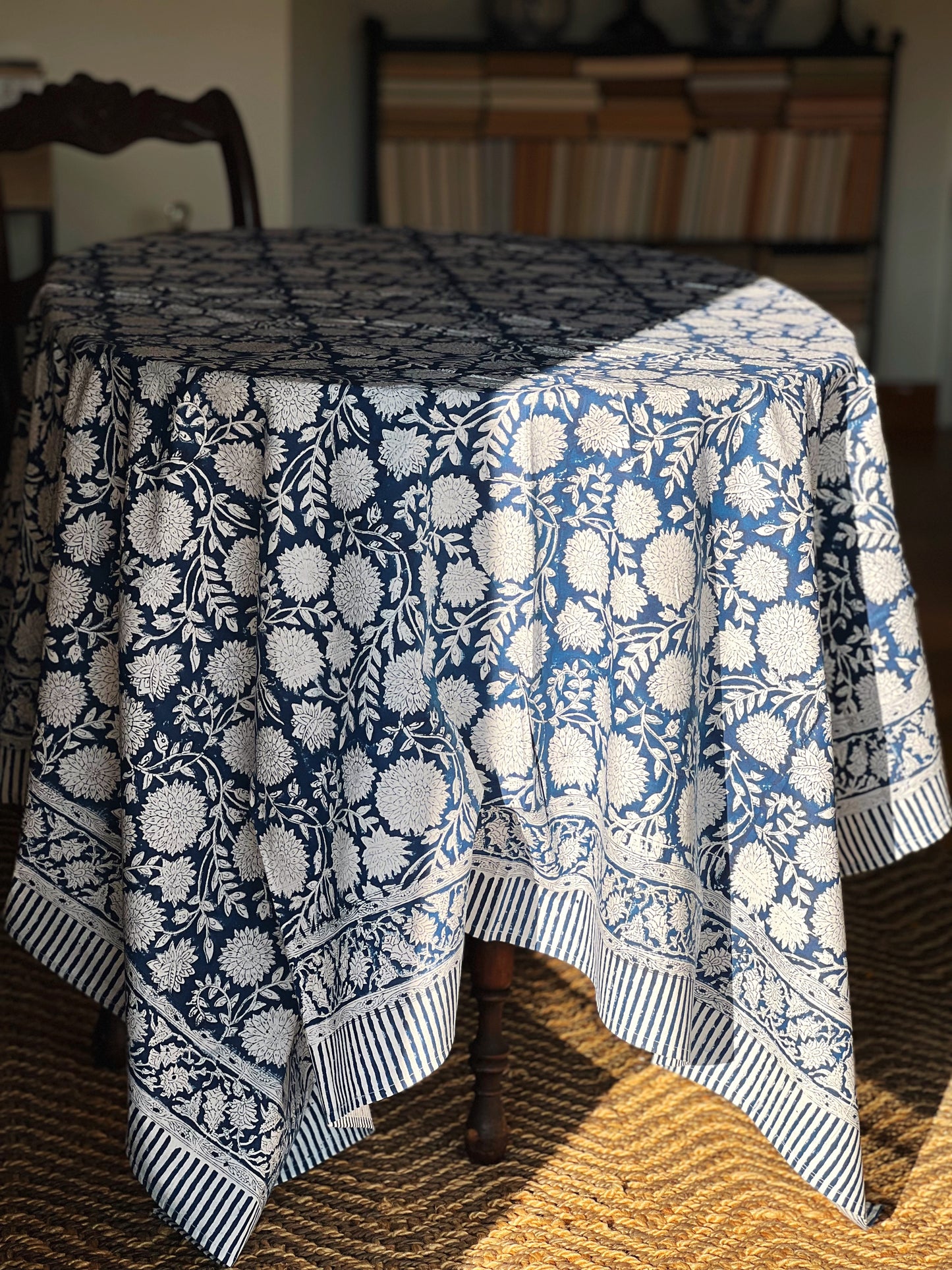 Block Print Tablecloth in Navy & White Hand Made in Spain