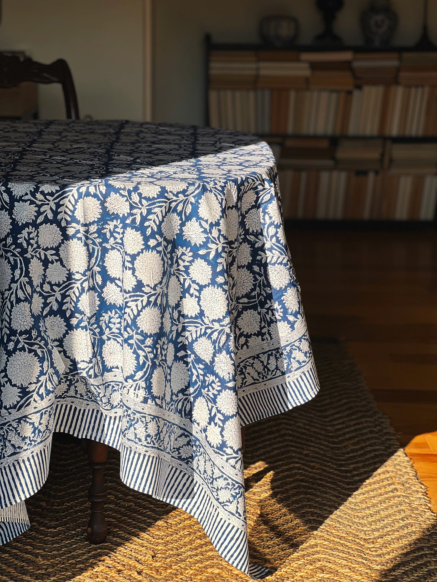 Block Print Tablecloth in Navy & White Hand Made in Spain