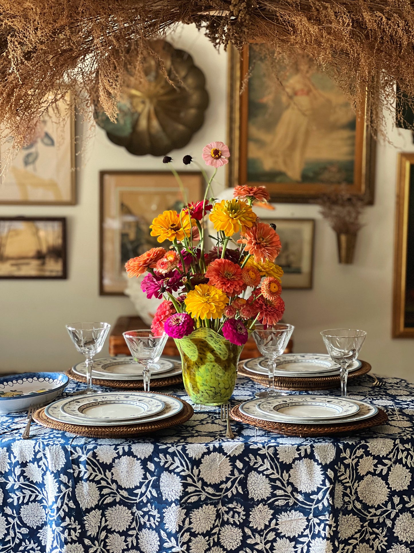 Block Print Tablecloth in Navy & White Hand Made in Spain