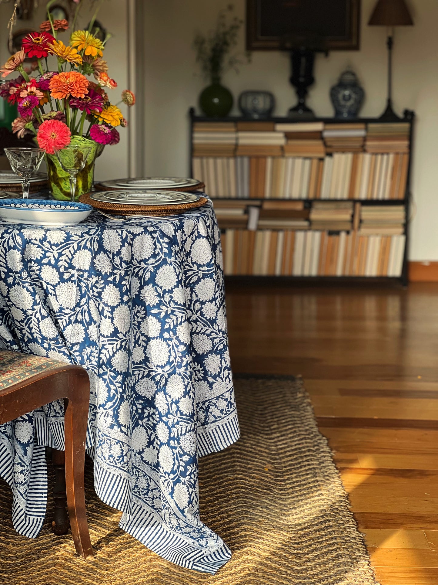 Block Print Tablecloth in Navy & White Hand Made in Spain