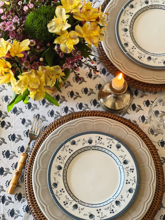 Block Print Tablecloth in Navy Blue & Gray Hand Made in Spain