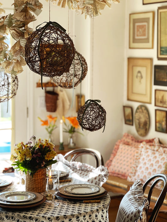 dining table set for spring with block print linens