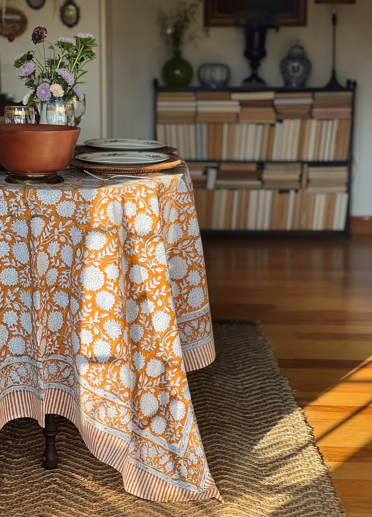 Block Print Tablecloth in Ochre Hand Made in Spain