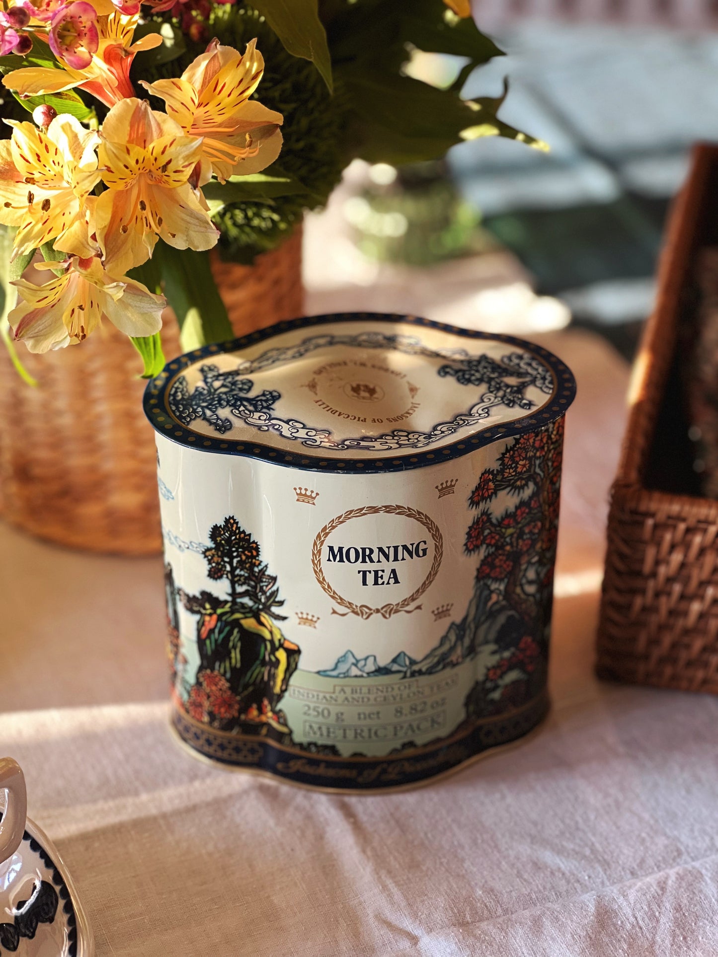 English tea tin on a table