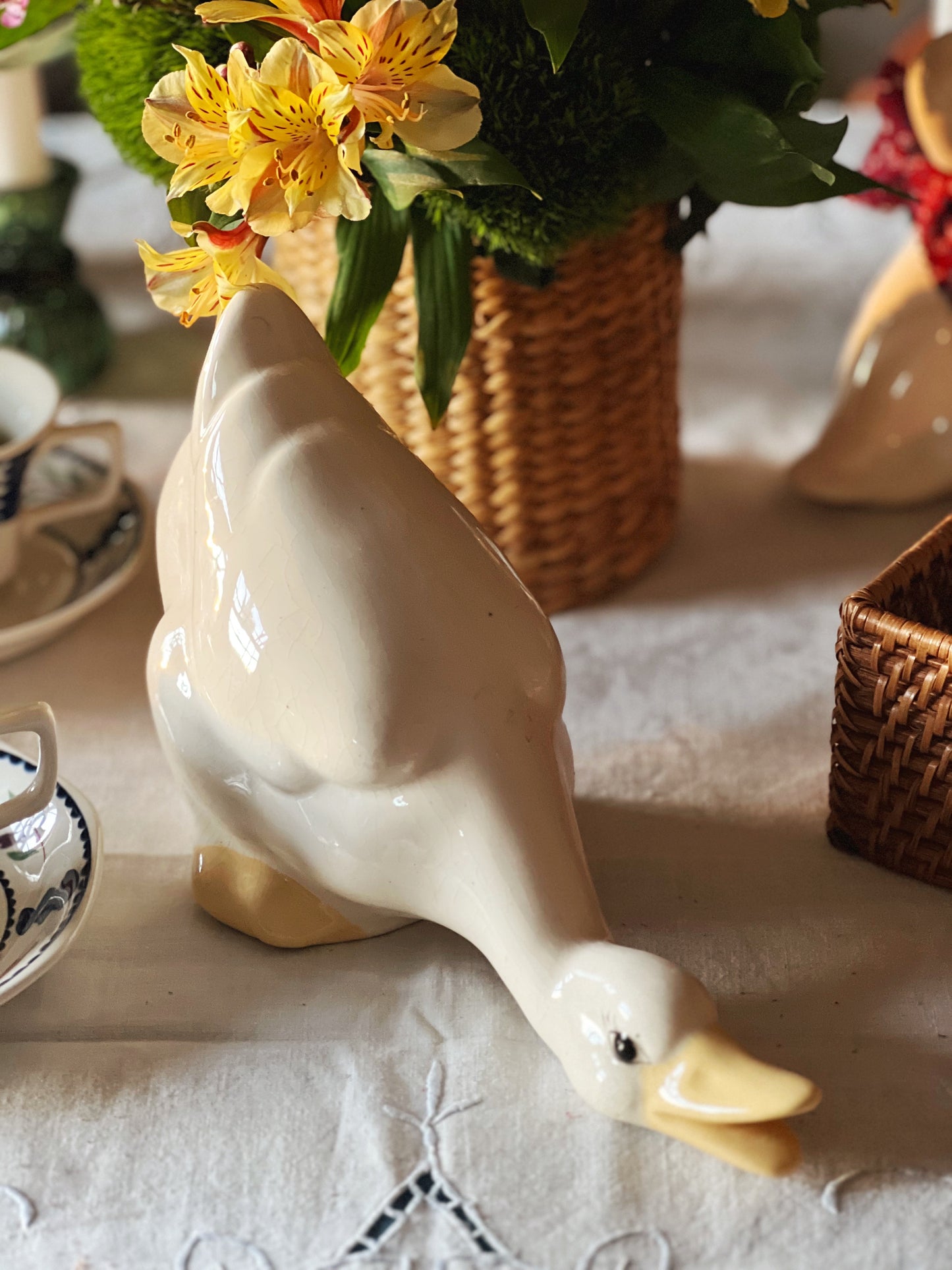 Medium Vintage Leaning Ceramic Duck