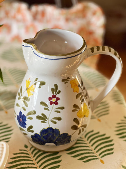 hand painted pitcher in blue, green, red and yellow