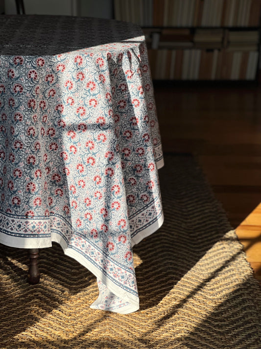 Block Print Tablecloth in Blue & Red Hand Made in Spain