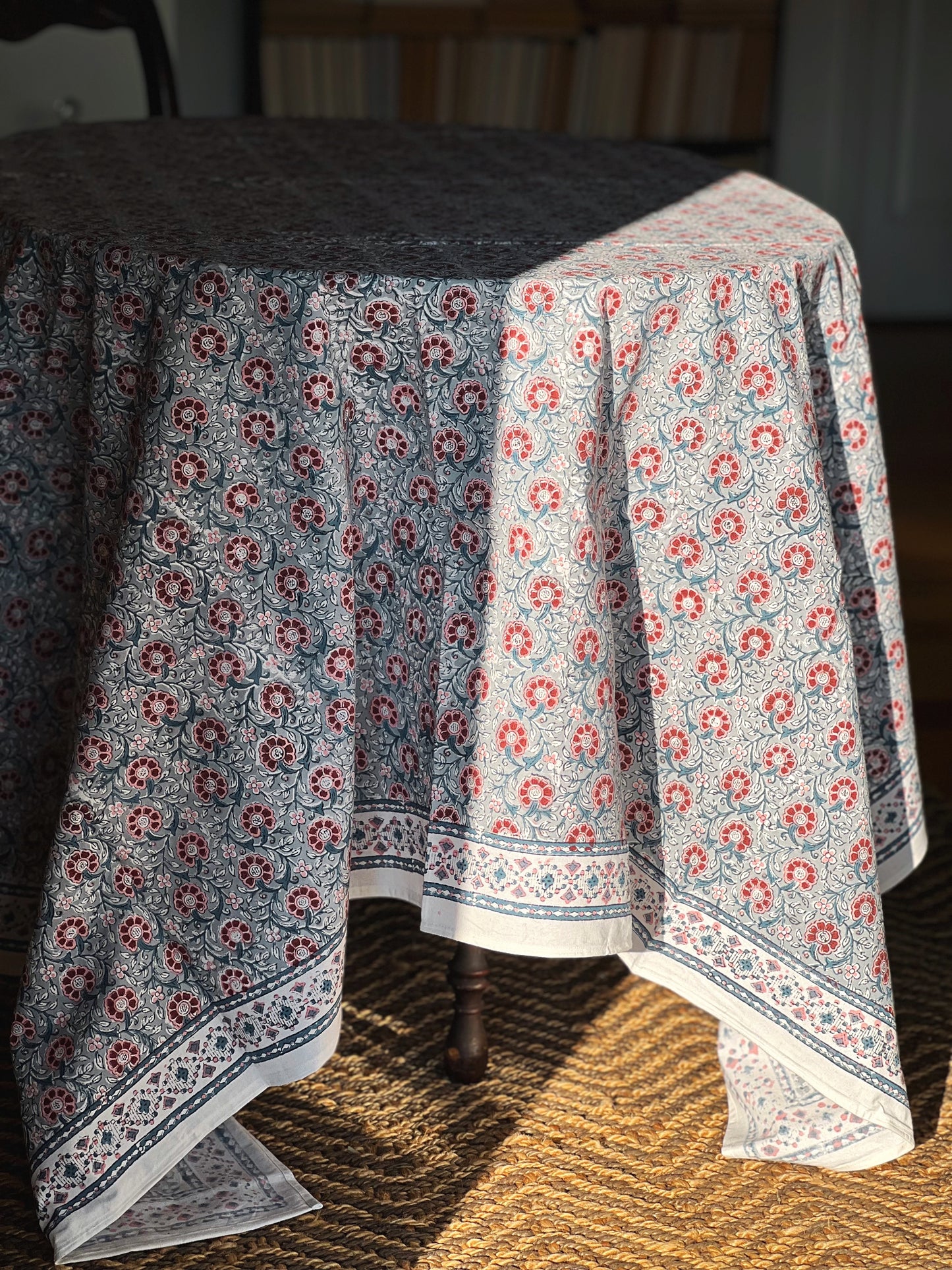 Block Print Tablecloth in Blue & Red Hand Made in Spain