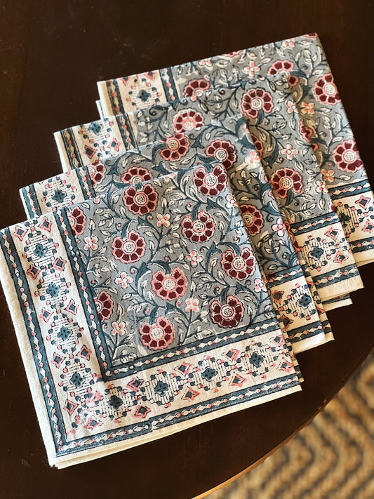 Set of 4 Block Print Napkins in Blue & Red Hand Made in Spain