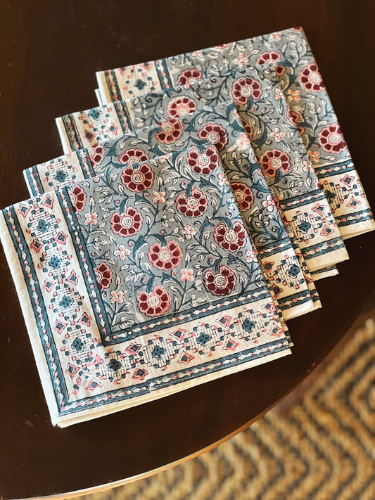 Set of 4 Block Print Napkins in Blue & Red Hand Made in Spain