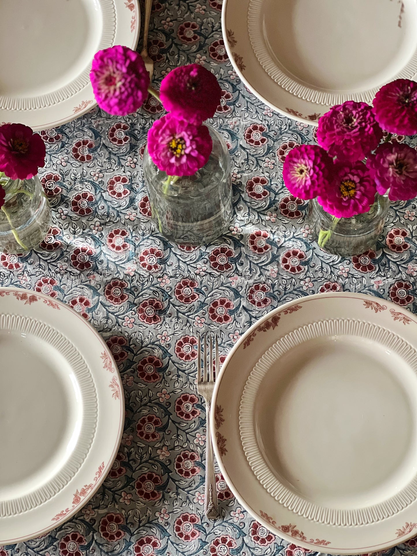 Block Print Tablecloth in Blue & Red Hand Made in Spain