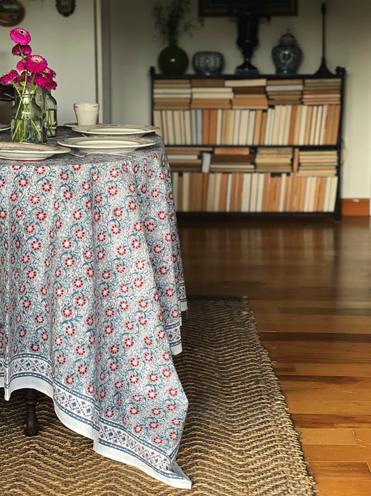 Block Print Tablecloth in Blue & Red Hand Made in Spain