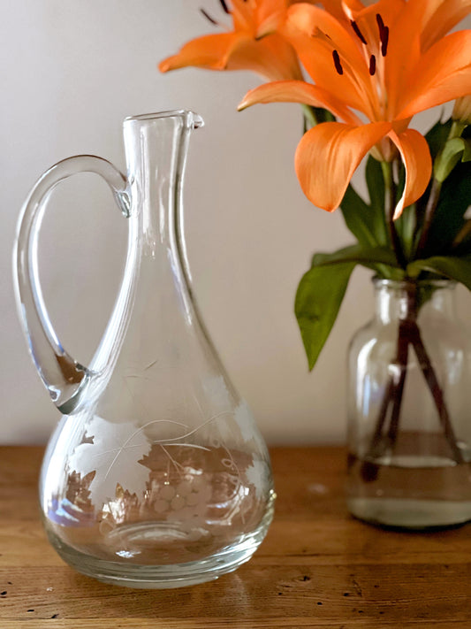 Vintage Etched Glass Decanter with Handle & Flat Bottom