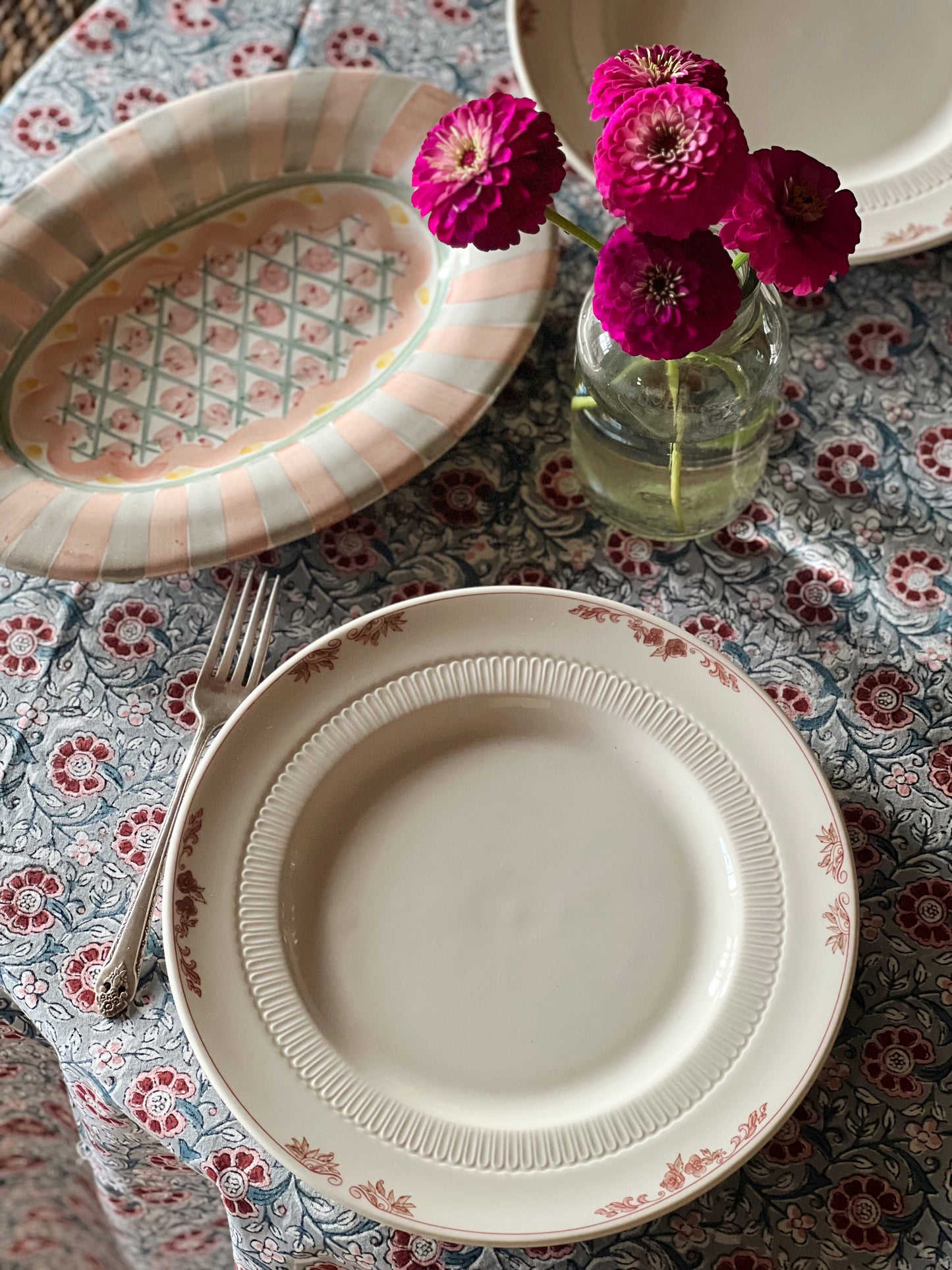 Block Print Tablecloth in Blue & Red Hand Made in Spain