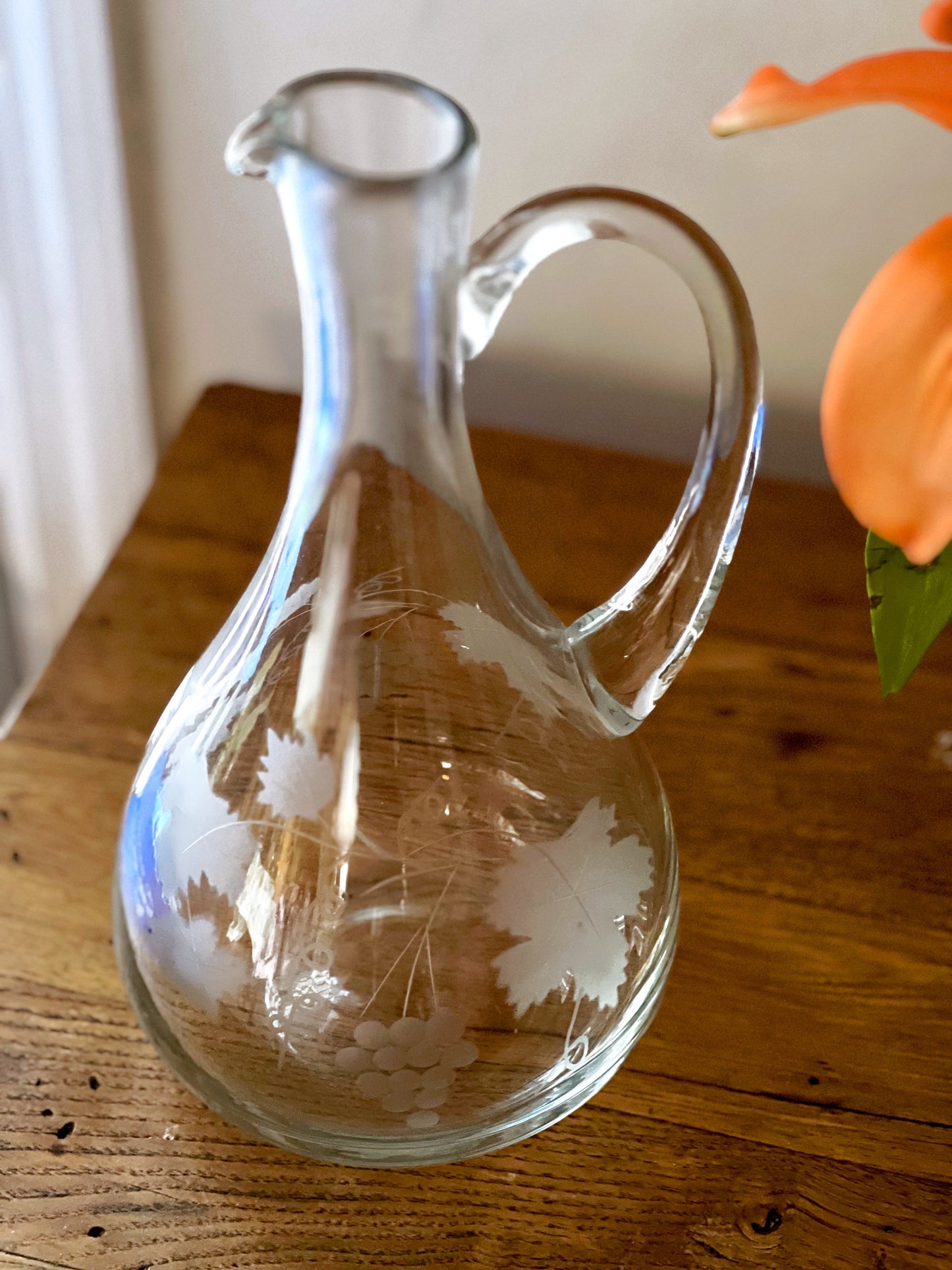 Vintage Etched Glass Decanter with Handle & Flat Bottom