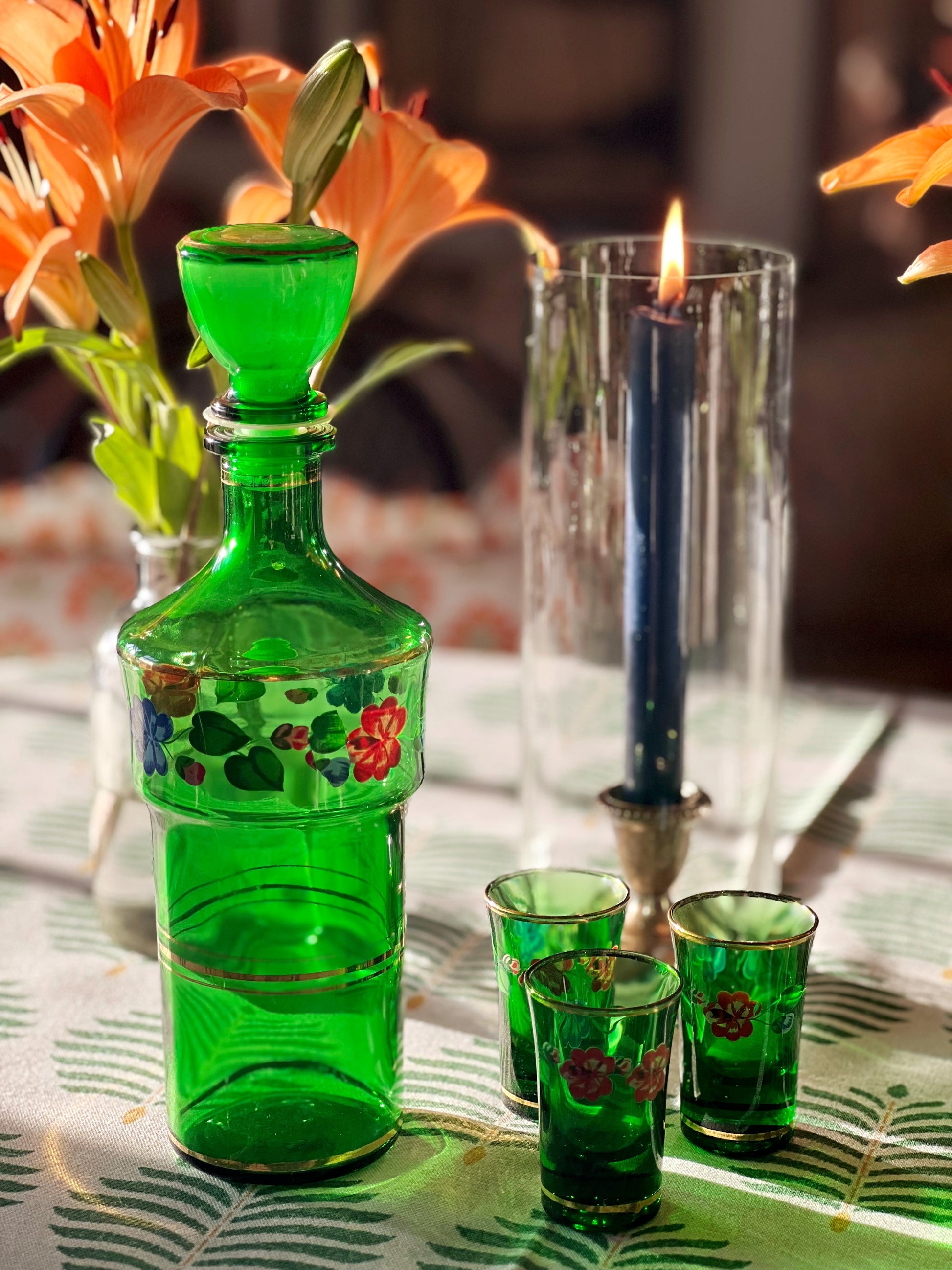 green glass decanter and shot glasses from Italy