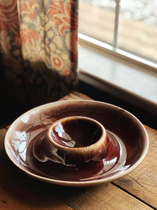 vintage brown drip chip and dip platter on a table