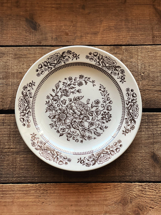 brown transferware salad plate