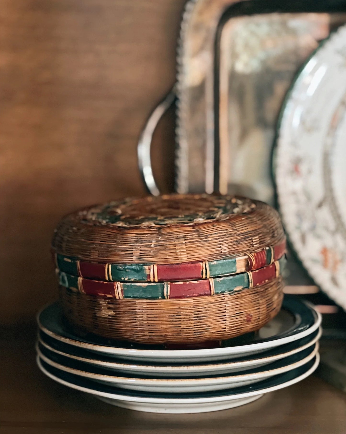 Vintage Bamboo Basket with Lid Hong Kong