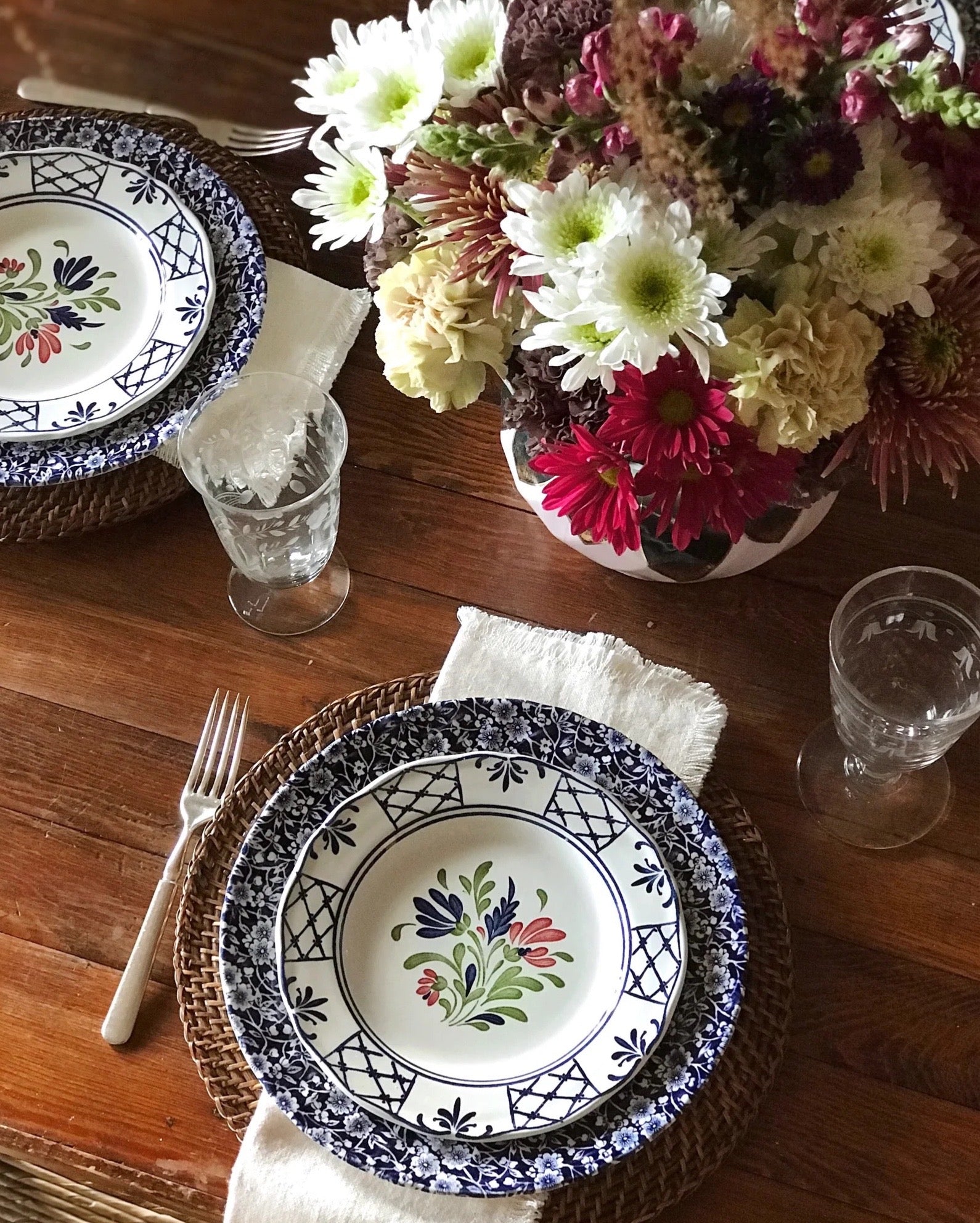 navy and white floral salad plate