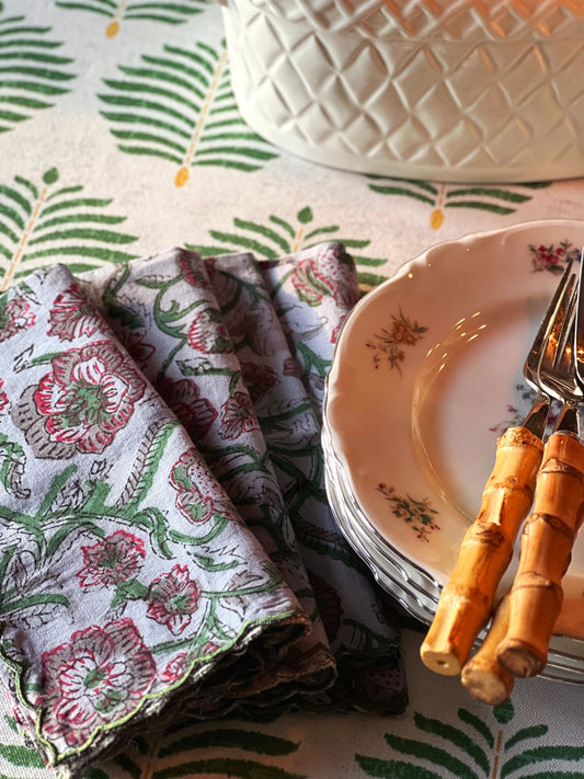 Set of 4 Multicolor Floral Block Print Napkins Hand Made in Spain