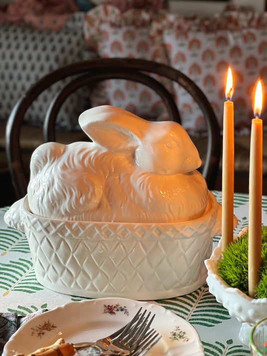 white ceramic rabbit tureen on a table