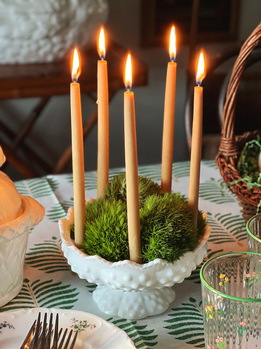 hobnail milk glass bowl that holds candles