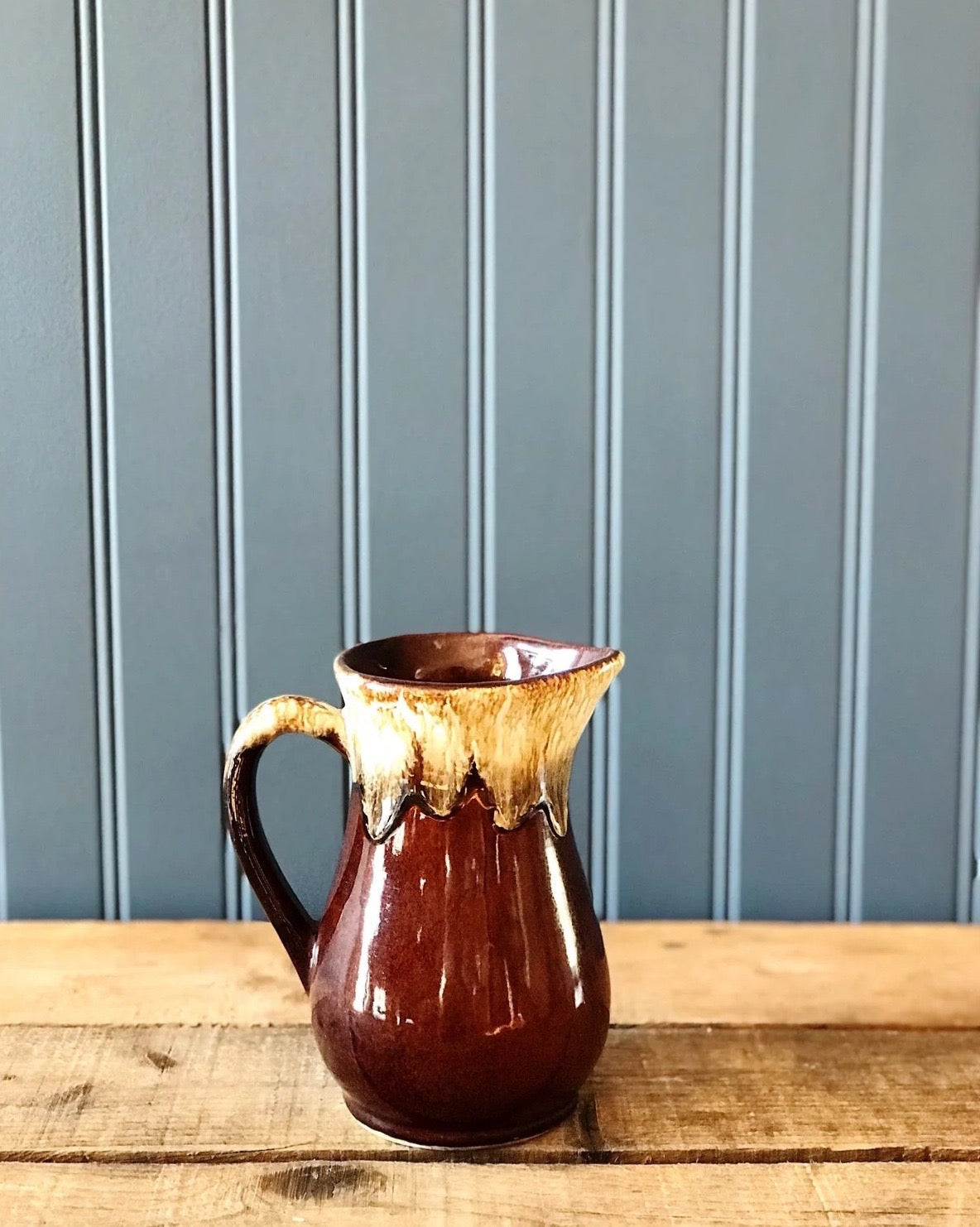 small vintage brown drip pitcher